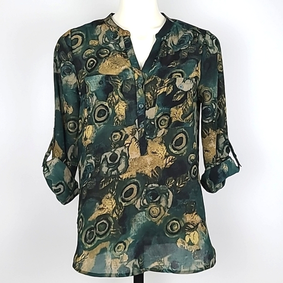 Denver Hayes 2 Piece  Abstract Green Tan Floral Semi Sheer Blouse Size Small - Picture 2 of 15